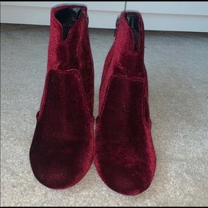 Red velvet ankle boots, size 9.5